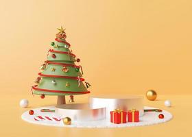 buon natale, podio con albero di natale e ornamenti su un pavimento di neve, rendering 3d foto