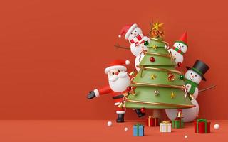 buon natale e felice anno nuovo, babbo natale e pupazzo di neve in una festa di natale con albero di natale, ornamenti su sfondo rosso spazio copia, rendering 3d foto