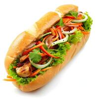 ai generato delizioso banh mi Sandwich, un' fusione di sapori, isolato su un' pulito bianca sfondo foto