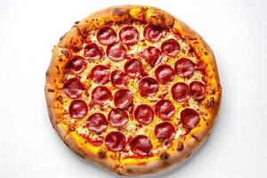 ai generato allettante peperoni Pizza diletto - avvicinamento Visualizza di un' peperoni Pizza con condimenti su un' bianca sfondo foto