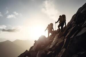 ai generato escursionisti arrampicata su montagna. aiuto, rischio e supporto concetto. neurale Rete generato immagine foto