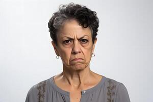 cipiglio anziano latino americano donna, testa e le spalle ritratto su bianca sfondo. neurale Rete generato fotorealistico Immagine foto