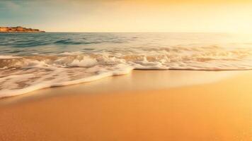 ai generato avvicinamento mare Surf e sabbia spiaggia a tramonto, neurale Rete generato fotorealistico Immagine foto