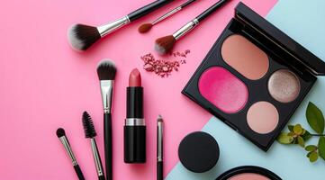 ai generato piatto posare di bellezza cosmetici prodotti impostare. ombretto, rossetto, arrossire e altro trucco Accessori foto