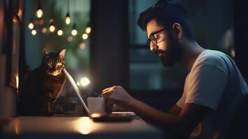 ai generato giovane indiano uomo utilizzando il computer portatile pc a Lavorando tavolo a notte a casa ufficio con gatto, neurale Rete generato Immagine foto