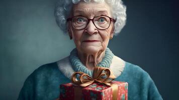 ai generato sorpreso vecchio signora con Natale regalo ritratto, neurale Rete generato arte foto