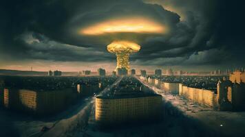 ai generato nucleare esplosione fungo nube al di sopra di russo città a inverno mattina, neurale Rete generato arte foto