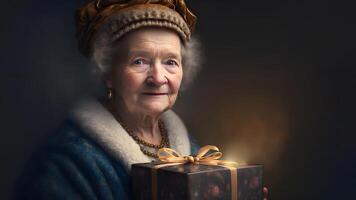 ai generato sorridente vecchio signora con Natale regalo ritratto, neurale Rete generato arte foto