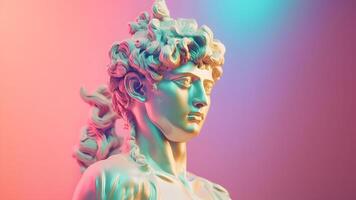 ai generato bianca scultura di un astratto greco divinità brillantemente illuminato con neon colori, neurale Rete generato Immagine foto