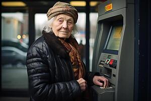 ai generato un vecchio donna utilizzando un ATM macchina bokeh stile sfondo con generativo ai foto