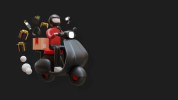 modello di pagina web del venerdì nero con corriere su scooter che consegna pacchetto 3d rendering illustrazione foto