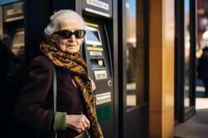 ai generato un vecchio donna utilizzando un ATM macchina bokeh stile sfondo con generativo ai foto