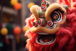 ai generato colorato Cinese Drago danza costume nel il cittadina bokeh stile sfondo con generativo ai foto