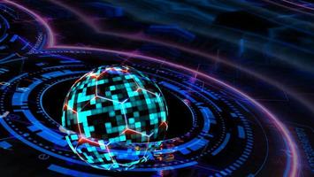 computer con tecnologia futuristica quantistica con sfera blu digitale ed esagono foto