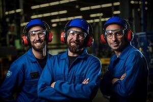 ai generato tre Manutenzione ingegnere indossare blu uniforme sorridente bokeh stile sfondo con generato ai foto