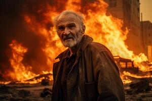 ai generato un vecchio uomo in piedi nel davanti di un' ardente edificio bokeh stile sfondo con generativo ai foto