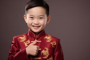 ai generato Cinese nuovo anno giovane ragazzo pollici su e Sorridi con generativo ai foto