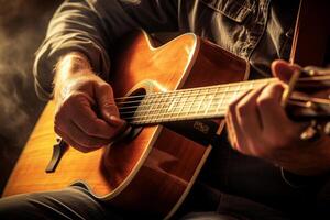 ai generato vicino su di mani giocando un acustico chitarra bokeh stile sfondo con generato ai foto