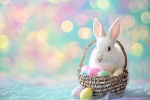 ai generato un' carino coniglietto con colorato pastello Pasqua uova cestino bokeh stile sfondo con generativo ai foto
