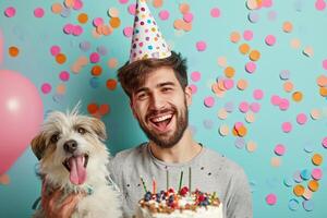 ai generato un' uomo festeggiare il suo cane compleanno con generativo ai foto