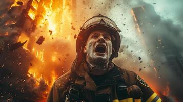 ai generato un' avvicinamento fotografia di un' vigile del fuoco urlando, viso contorto nel furia e tristezza, contro un' fondale di feroce fiamme consumando un' struttura. foto