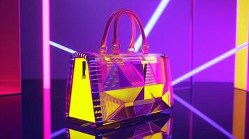 ai generato un' futuristico donna di Borsa disegno, elegante e innovativo forma, primario colori viola e giallo. metallico accenti, olografico trame, neon illuminazione effetti. foto