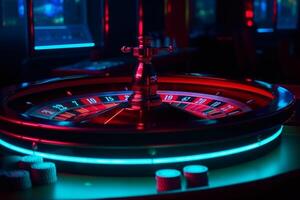 un' vicino su di un' roulette ruota con un' neon luce. generativo ai. foto