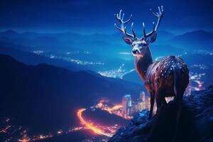 montagne a vicino, fantasia paesaggio con un' cervo. ai generato professionista foto