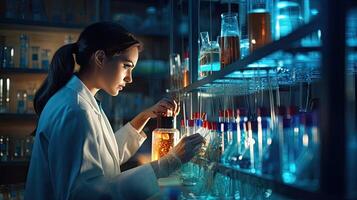 femmina ricercatore Lavorando nel un' scienza laboratorio cropipetta contenente test tubi nel un' grande moderno laboratorio foto