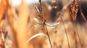 ai generativo avvicinamento macro dettaglio di rosso prato libellula sympetrum illotum su pianta gambo nel campo prato foto