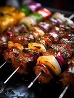ai generativo avvicinamento dettaglio di pollo reshmi kebab pezzi su Schermo a un indiano ristorante buffet foto
