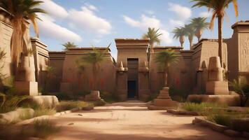 ai generativo all'aperto cortile e grande pietra parete a tempio di karnak cortile nel Luxor Egitto con obelisco e blu cielo sfondo foto