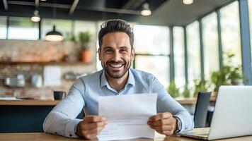 ai generativo soddisfatto sorridente attività commerciale uomo fare lavoro d'ufficio a casa posto di lavoro imprenditore lettura finanziario rapporti lettura documenti inquilino fabbricazione pagamento per affitto rivedere fatture banca mutuo foto