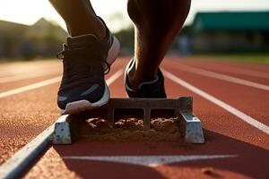 ai generativo africano corridore atleta in esecuzione su routine a il stadio piedi su di partenza bloccare pronto per un' primavera inizio vicino su su scarpa foto