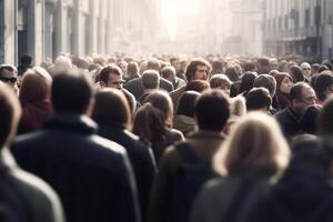 ai generativo anonimo folla di persone a piedi su occupato città strada città vita concetto foto