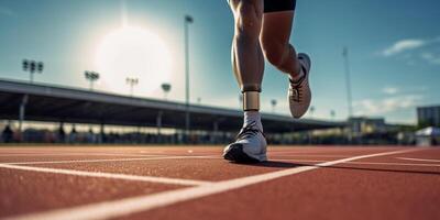 ai generativo atleta in esecuzione su atletico pista corridore formazione a il stadio fitness stile di vita sport e salutare concetto foto