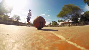 ai generativo pallacanestro strada giocatore dribbling con palla su il Tribunale streetball formazione e attività concetto foto