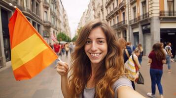 ai generativo bellissimo femmina turista assunzione autoscatto a puerta de alcalà nel Madrid Spagna contento giovane donna avendo divertimento su europeo città strada ragazza sorridente a telecamera al di fuori foto