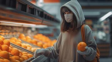 ai generativo bellissimo donna attenzione protezione maschera a piedi Tenere carrello shopping a pandemia quarantena lockdown a il supermercato coronavirus concetto foto