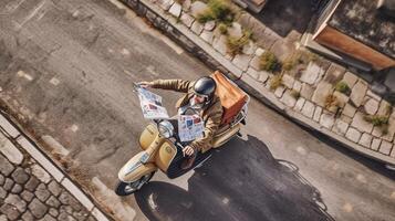 ai generativo motociclista guida il suo motociclo su il strada uomo è in viaggio con il suo bicicletta Visualizza a partire dal sopra foto