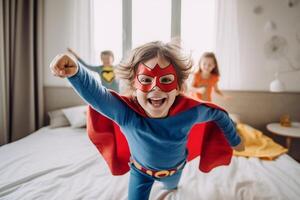 ai generativo bambino e madre nel supereroe costume giocando insieme a casa contento figlio e mamma avendo divertimento nel vivente camera famiglia concetto foto