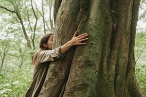 ai generativo avvicinamento donna mani abbracciare albero tronco foto