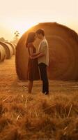 ai generativo coppia nel amore baci su un' Grano campo a tramonto foto