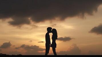 ai generativo coppia nel amore baci su tramonto fidanzato e fidanzata abbracciare all'aperto Due Gli amanti avendo romantico Data nero e bianca filtro amore sfondo concetto foto