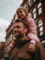 ai generativo papà e figlia godendo orizzonte di nuovo York seduta su un' panchina ritratto di famiglia amore e viaggio foto