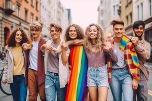 ai generativo diverso gruppo di giovane persone festeggiare gay orgoglio Festival giorno lgbt Comunità concetto con ragazzi e ragazze abbracciare insieme all'aperto multirazziale di moda amici in piedi su un' yel foto