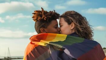 ai generativo diverso gruppo di giovane persone festeggiare gay orgoglio Festival giorno lgbt Comunità concetto con Due ragazze baci all'aperto multirazziale di moda amici in piedi su un' giallo sfondo foto