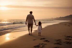 ai generativo padre e figlia Tenere mani a il spiaggia io amore voi papà famiglia concetto foto