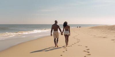 ai generativo Seguire me africano donna Tenere fidanzato di mano a il spiaggia su tramonto coppia di turisti avendo divertimento a piedi di il mare viaggio e vacanze concetto foto