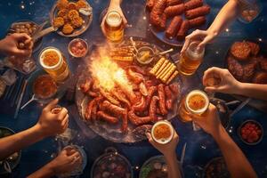 ai generativo amici applauso birra bicchieri su di legno tavolo coperto con delizioso cibo superiore Visualizza di persone avendo cena festa a bar ristorante cibo e bevanda stile di vita concetto foto